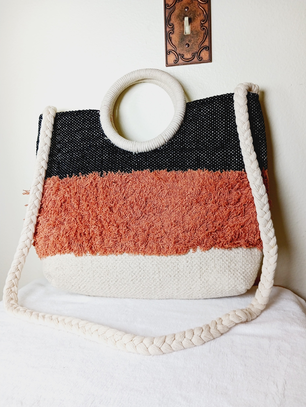 Woven Colorblock Straw Tote Bag with Braided Strap - Black, Rust, Ivory